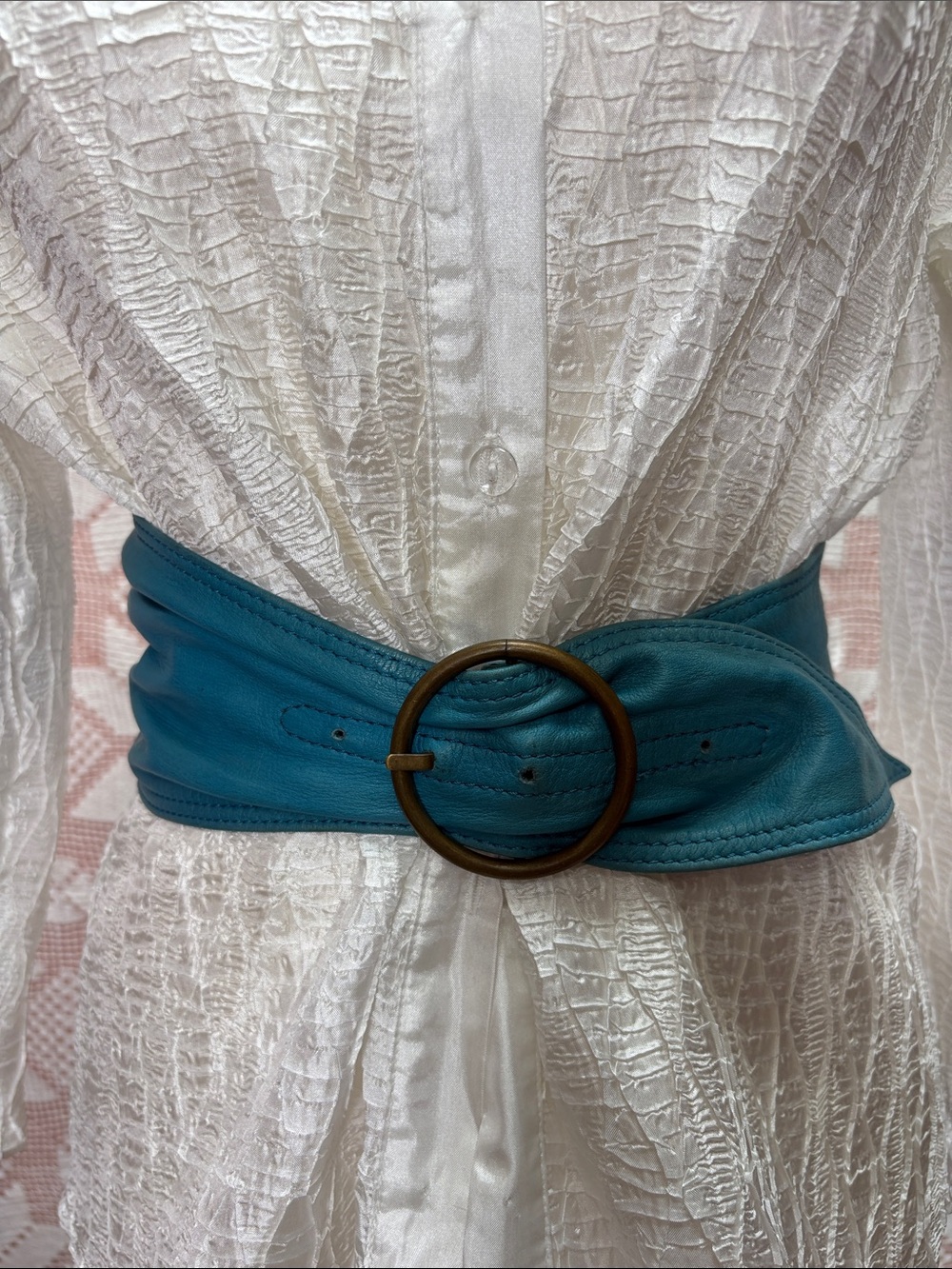 Teal Leather Wide Belt with Round Buckle - Unbranded